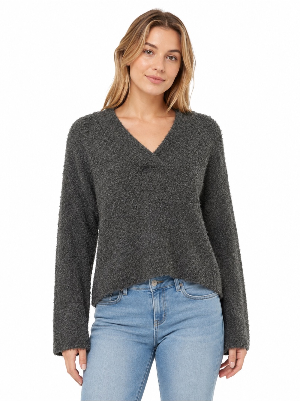 NWT Worthington Charcoal Gray Fuzzy V-Neck Bouclé Sweater Size S
